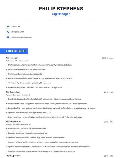 Rig Manager Resume