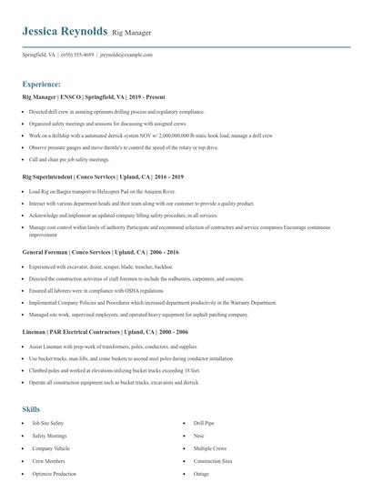 Rig Manager Resume