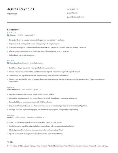Rig Manager Resume