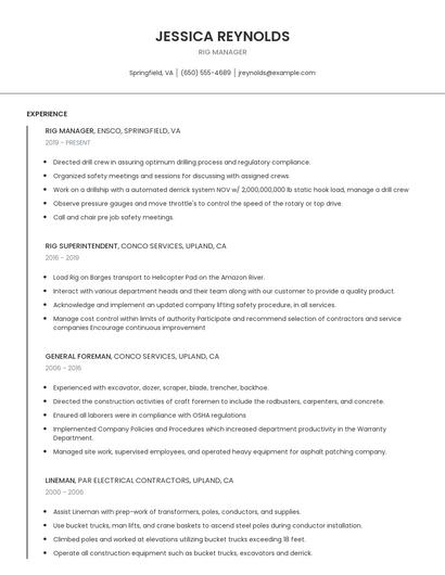 Rig Manager Resume