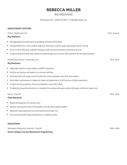 Rig Mechanic Resume