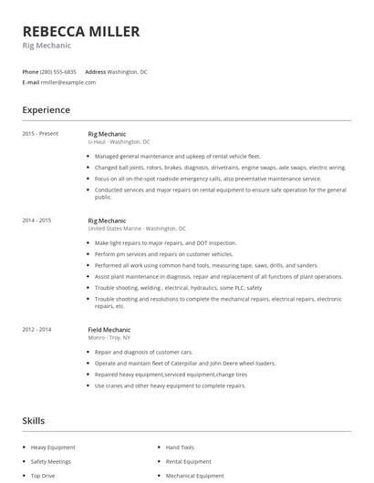 Rig Mechanic Resume