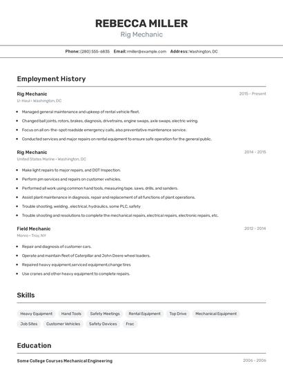 Rig Mechanic Resume