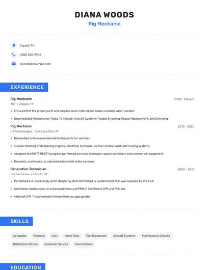 Rig Mechanic Resume