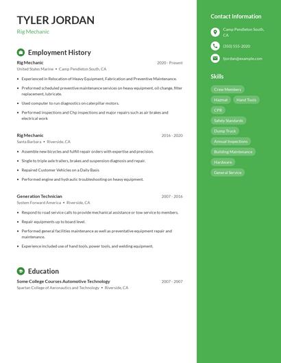 Rig Mechanic Resume