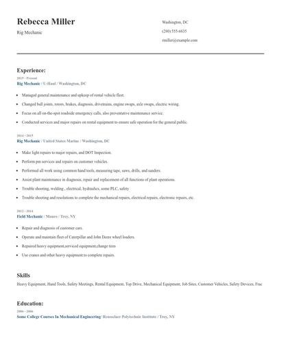 Rig Mechanic Resume
