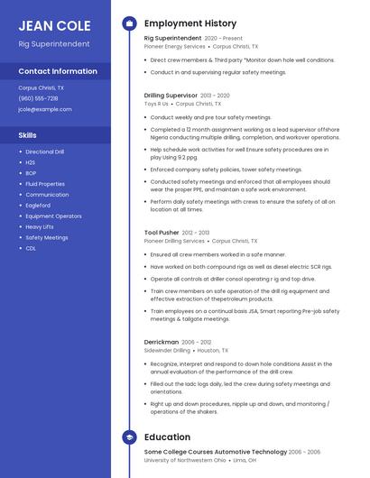 Rig Superintendent Resume