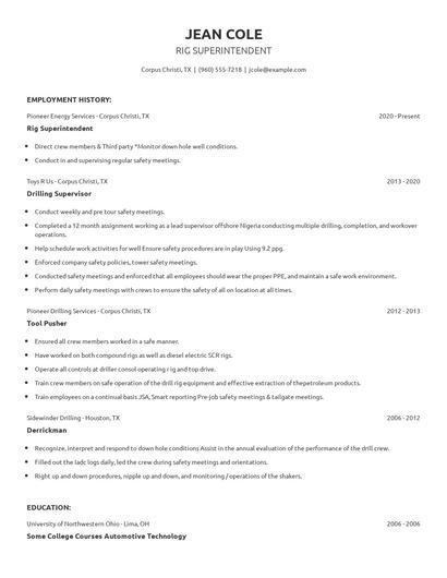 Rig Superintendent Resume
