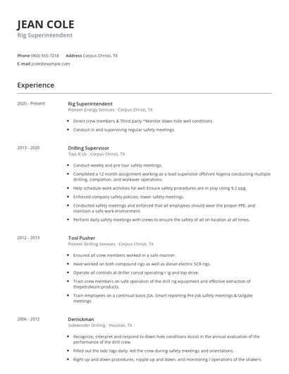 Rig Superintendent Resume