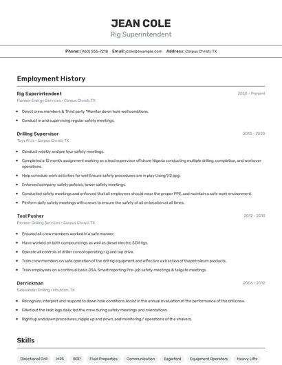 Rig Superintendent Resume