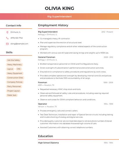 Rig Superintendent Resume