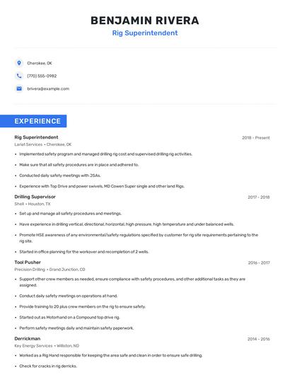 Rig Superintendent Resume