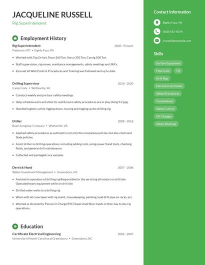 Rig Superintendent Resume