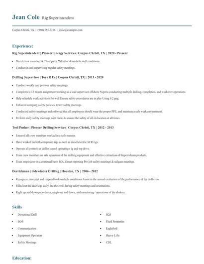 Rig Superintendent Resume