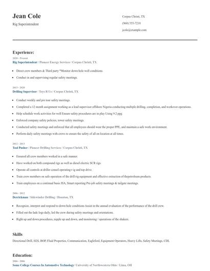 Rig Superintendent Resume