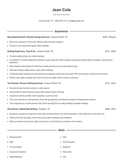 Rig Superintendent Resume