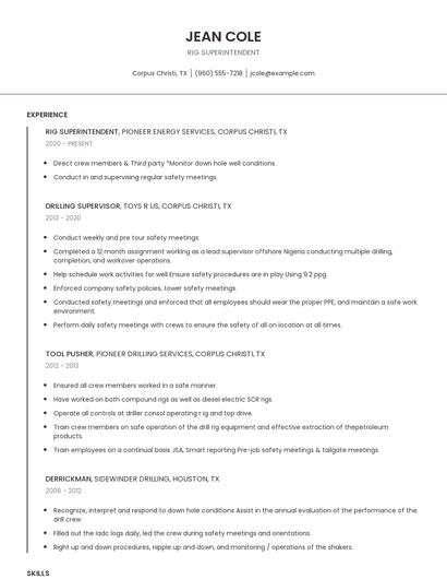 Rig Superintendent Resume