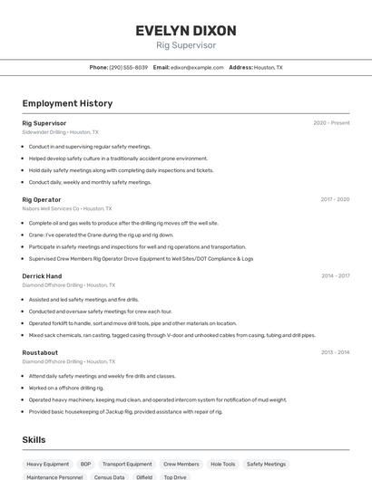 Rig Supervisor Resume