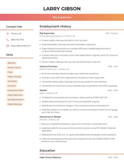 Rig Supervisor Resume