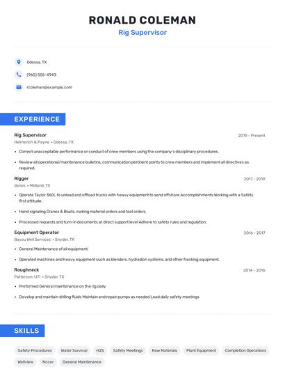 Rig Supervisor Resume