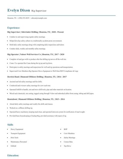 Rig Supervisor Resume