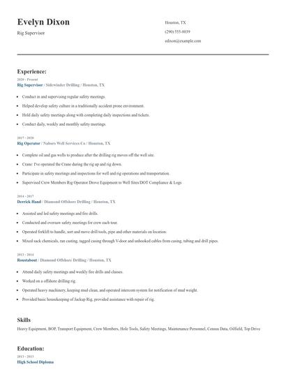 Rig Supervisor Resume