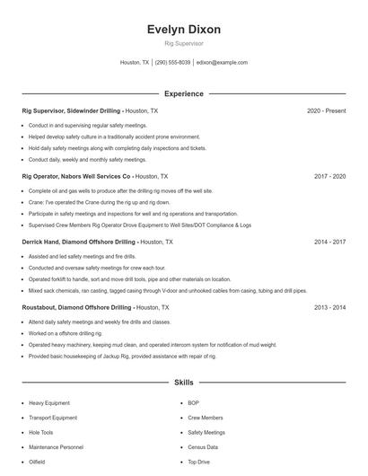 Rig Supervisor Resume