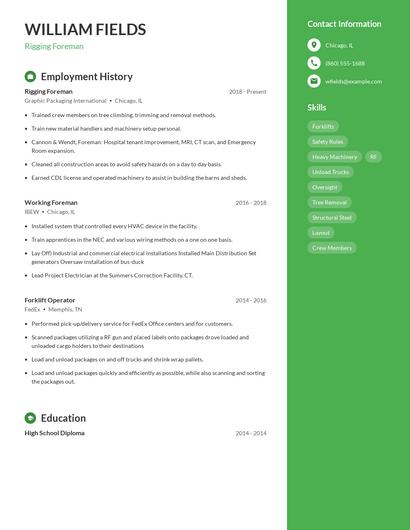 Rigging Foreman Resume
