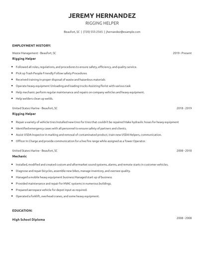 Rigging Helper Resume