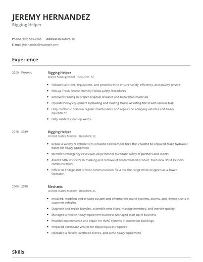 Rigging Helper Resume