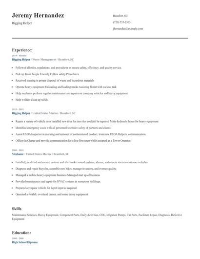 Rigging Helper Resume