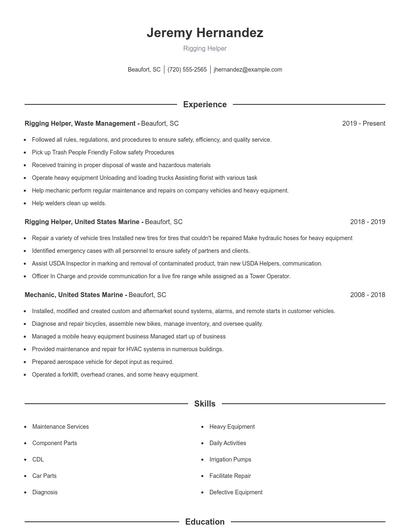 Rigging Helper Resume