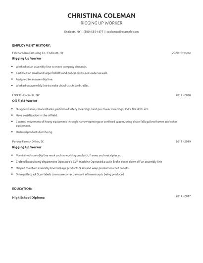 Rigging Up Worker Resume