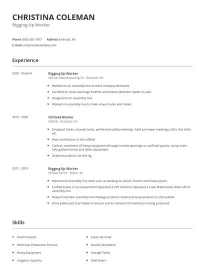 Rigging Up Worker Resume