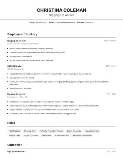 Rigging Up Worker Resume