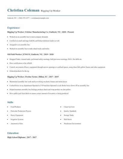 Rigging Up Worker Resume