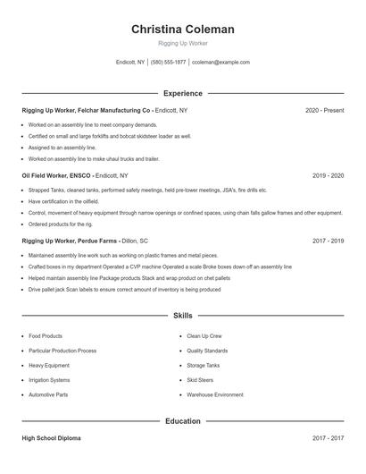 Rigging Up Worker Resume