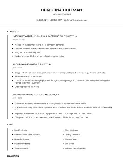 Rigging Up Worker Resume