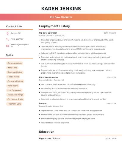 Rip Saw Operator Resume