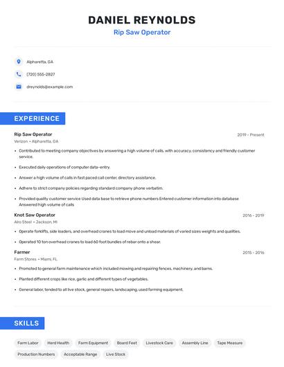 Rip Saw Operator Resume