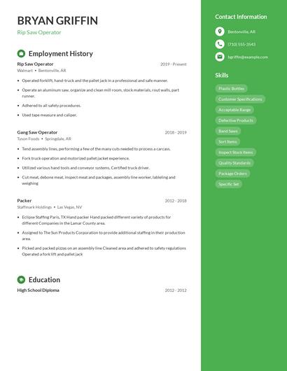 Rip Saw Operator Resume