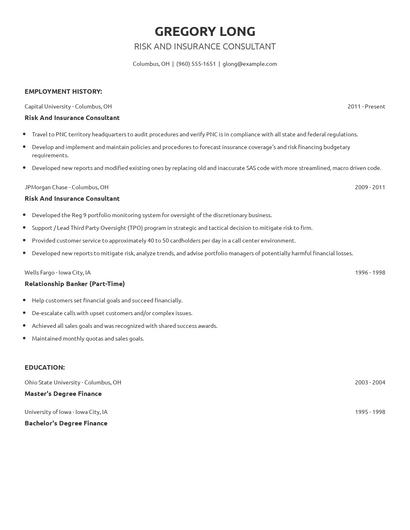 Risk And Insurance Consultant Resume