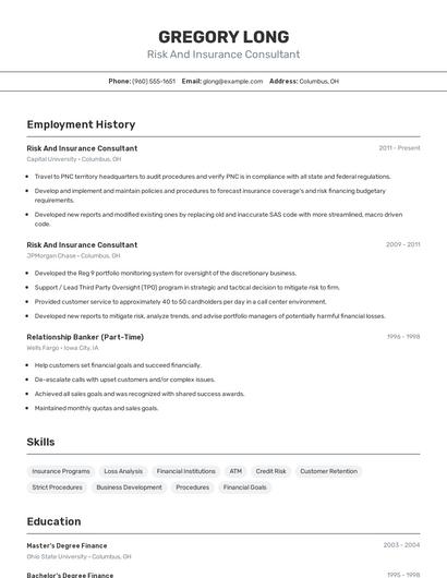 Risk And Insurance Consultant Resume