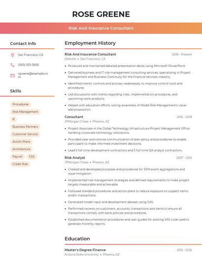 Risk And Insurance Consultant Resume