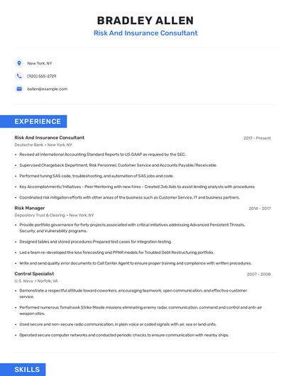 Risk And Insurance Consultant Resume