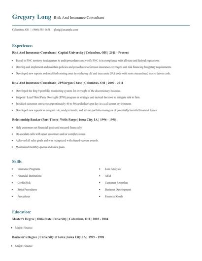 Risk And Insurance Consultant Resume