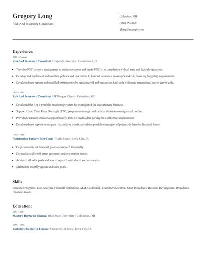 Risk And Insurance Consultant Resume