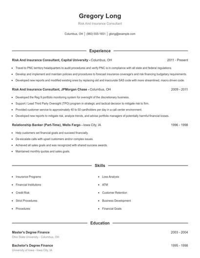 Risk And Insurance Consultant Resume