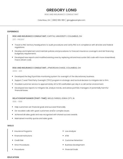 Risk And Insurance Consultant Resume