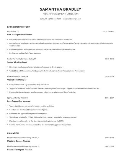 Risk Management Director Resume